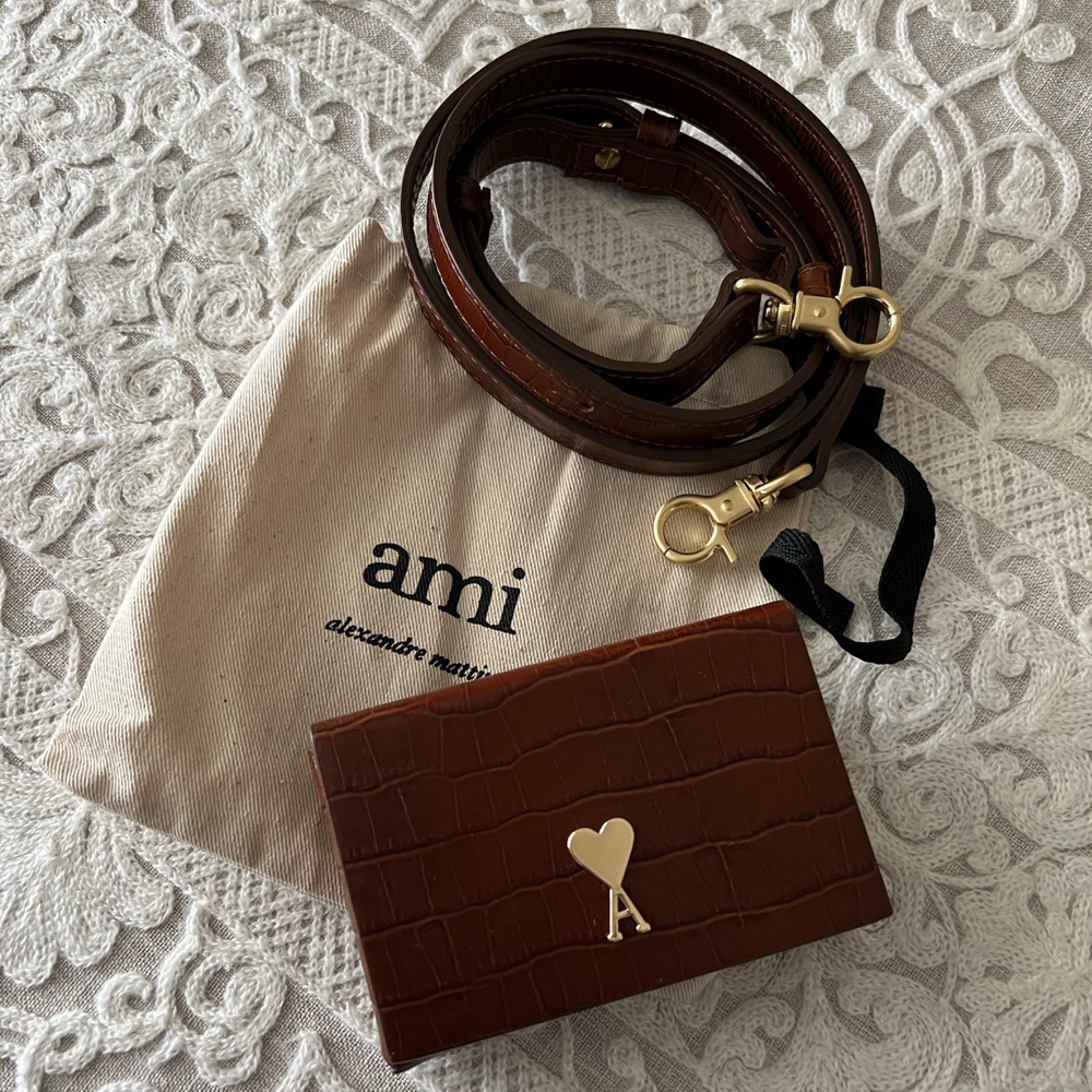 Ami Paris Croc Effect Leather Messenger Bag
